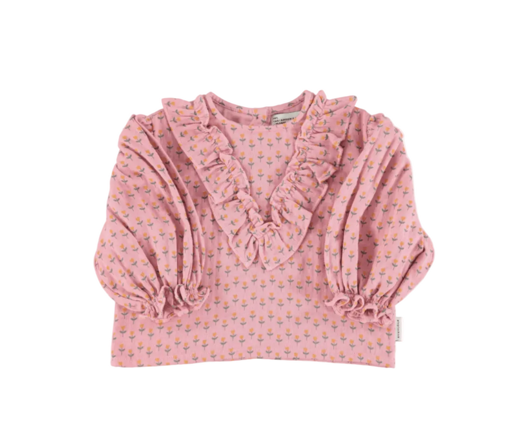 Piupiuchick blouse w/ v-neck ruffles on chest | pink w/ little flowers