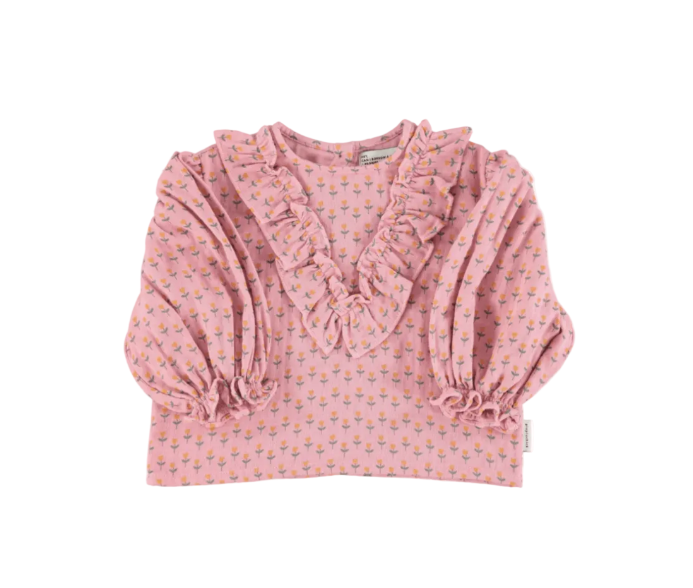 Piupiuchick blouse w/ v-neck ruffles on chest | pink w/ little flowers
